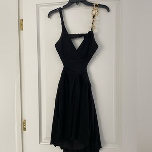 BCBG black dress with gold chain strap detail